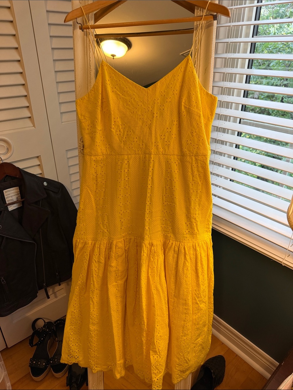 J. Crew Bright Yellow Eyelet Tiered Midi Dress